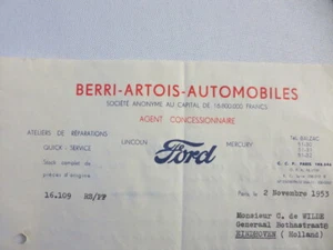 1953 French Ford Dealer Dealership Letter Letterhead Document Car - Berri Artois - Picture 1 of 7