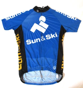 Camiseta deportiva de ciclismo Sun & Ski hecha en EE. UU. azul talla pequeña defectos vintage (17") - Imagen 1 de 12