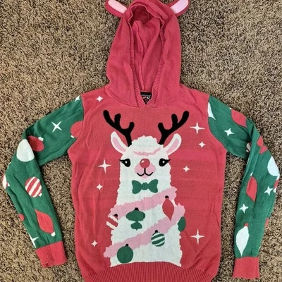 Usado en Excelente Condición Suéter Festivo Llama Suéter con Capucha - Rojo y Verde Niña 14-16 Foto 1 de 4