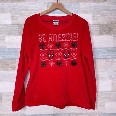 Spiderman Plush Knit Fair Isle Holiday Sweater Red Christmas Cozy Womens Large - Image 1 of 4