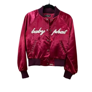 Baby Phat Bomber Jacket Y2K Rhinestone Studded Burgundy Satin Small S - Picture 1 of 9