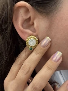 Judith Ripka 18K Yellow Gold Clip On Earrings: Trojan Cameo + Diamond + Emerald - Picture 1 of 5
