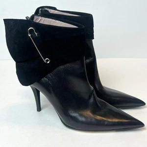 Elman Venezia Black Leather High Heel Safety Pin Pointy Toe Booties Sexy Punk  - Picture 1 of 11