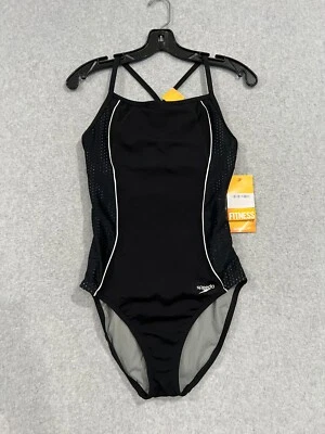SPEEDO Mesh Contrast Thin Strap HydroForm Black White 1pc Swim Suit Womens 8 NEW - Image 1 of 4