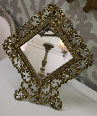 Solid Cast Brass Easel Back Standing Dresser Mirror  EUC Cover