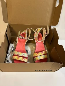 Crocs 15313 Leigh Strappy Graphic Canvas Wedge Sandals 9 Multicolor 3" Heel - Picture 1 of 5