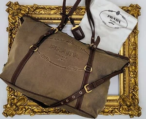 PRADA SHOPPER TOTE BAG LOGO JACQUARD Stoff Beige und Leder Braun - Bild 1 von 24