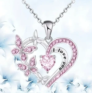 Butterfly I Love You Heart-Shaped Necklace - Delicate Beautiful LX77 - Picture 1 of 11