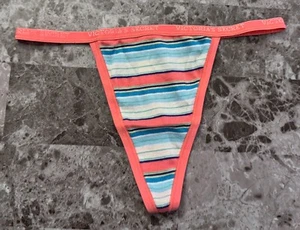 NWT VICTORIA'S SECRET S CORAL BLUE STRIPE COTTON VINTAGE RARE V STRING PANTIES - Picture 1 of 3