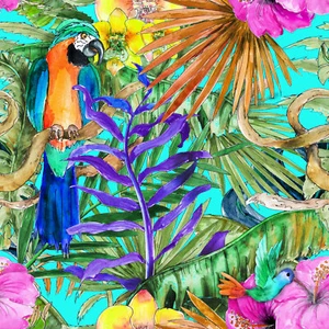 Printed velour velvet upholstery fabric 355g/m2 Parrots Laguna Blue HALF METER - Picture 1 of 7