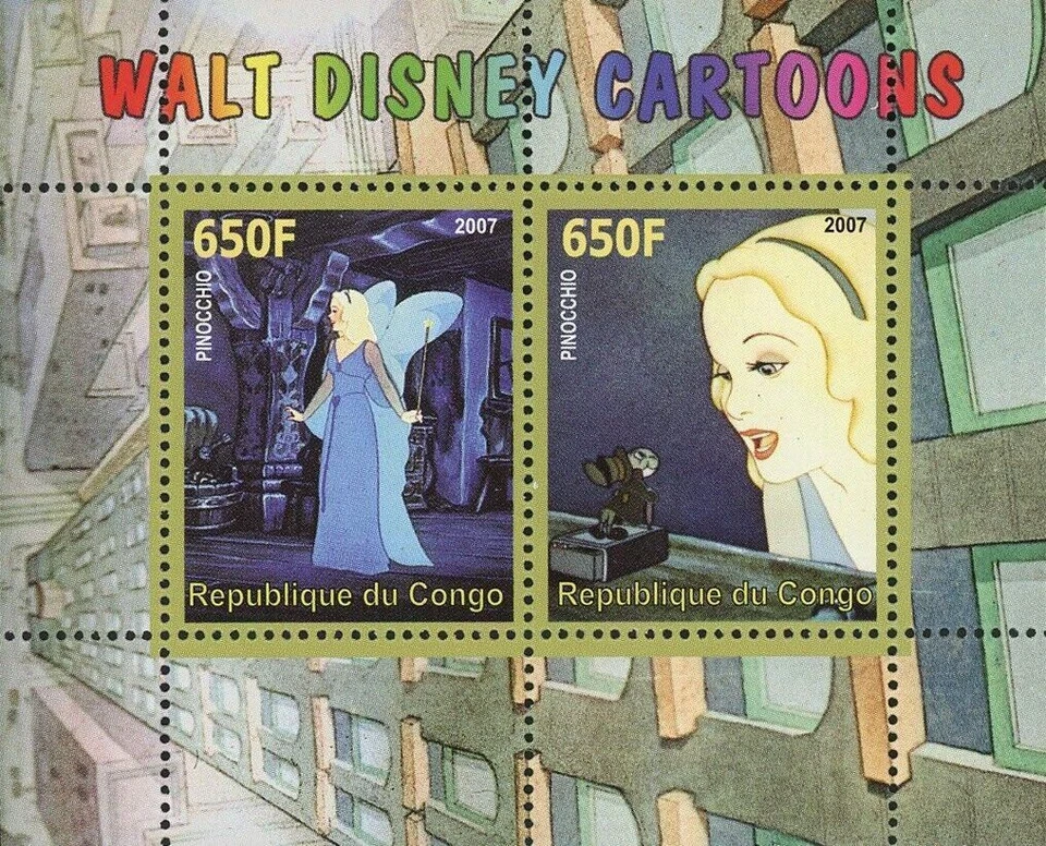 Walt Disney Stamp Cartoon Pinocchio Movie Souvenir Sheet of 2 Stamps Mint NH - Image 1 of 4