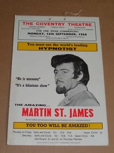 Tarjeta de ventana de teatro Coventry 1968 Martin St. James (hipnotizador) - Imagen 1 de 1