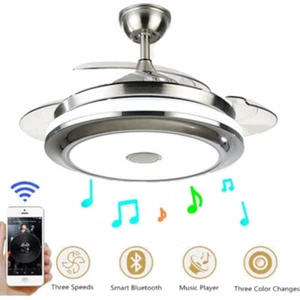 36" Modern Ceiling Fan LED Light Smart Bluetooth Music Player Retractable Blades - Picture 1 of 12