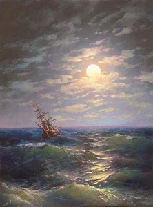48 - 5"x7" CANVAS GICLEE FINE ART PRINT SEASCAPE Marine MOON Nightscape Ship  - Bild 1 von 4