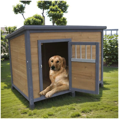 Casa para perros de madera grande de 45" impermeable techo de plástico transpirable puertas de madera amarillas Foto 1 de 4