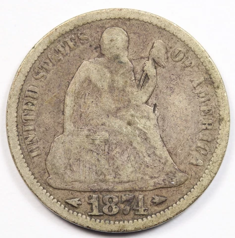1874 Arrows Seated Liberty Silver Dime 10c VG Cover