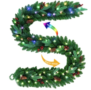 Assilyraft 9FT Pre-Lit Artificial Christmas Garland with Pine Cones, Red Berr... - Picture 1 of 12