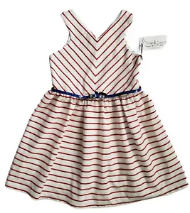 Pippa & Julie Dress Girls Size 10 Red Stripe Sleeveless Ivory/ Off-white w/ belt - Picture 1 of 12