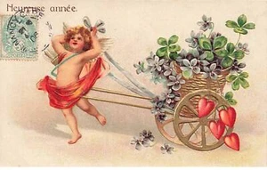 Carte Gaufrée - Clapsaddle - Heureuse Année - Ange tirant un char avec des v - Foto 1 di 2
