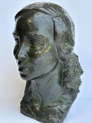 ANTIQUE BRONZE METAL SCULPTURE FEMALE WOMAN HEAD VALSUANI FOUNDRY FRANCE LARGE - Image 1 of 4