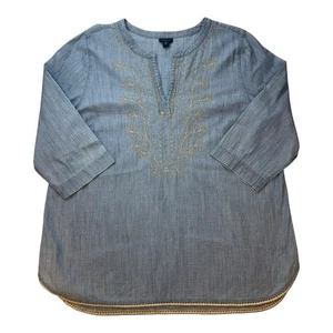Top túnica de mezclilla Jill para mujer XL azul cambray bordado boho manga 3/4 - Imagen 1 de 11