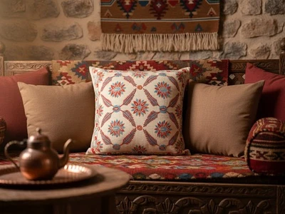 Luxury Suzani Silk-Linen Throw Pillow 20x20 in Beige Terracotta Sky Blue - Image 1 of 4