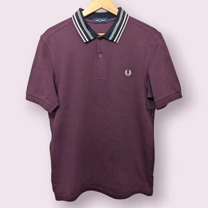 Fred Perry Mens Stripe Collar Short Sleeve Polo Shirt Burgundy Size Medium  - Picture 1 of 10
