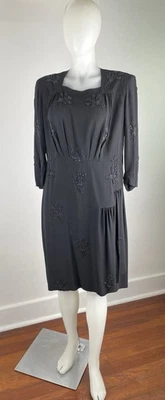 Vestido De Colección Años 40 Negro Cuentas Midi Rayón (Ver Agujero Foto 1 de 4