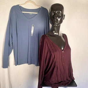 2 Mossimo Damen 2XL & 3XL - Langarmshirts V-Ausschnitt - weinrot & puderblau NEU - Bild 1 von 16