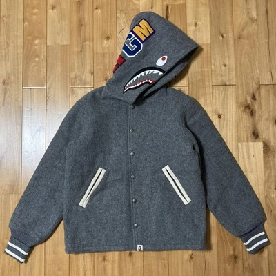 BAPE Melton wool SHARK HOODIE VARSITY JACKET Gray A Bathing Ape Size S - Image 1 of 4