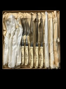Landers Frary & Clark Celluloid Ivoroid Antique Sterling Band 6 Forks& 6 Knives - Picture 1 of 15