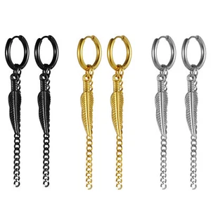 Men Women Stainless Steel Feather Pendant Charm Drop Dangle Earrings Hoop Tassel - Picture 1 of 16