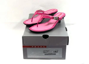 New Authentic PRADA Linea Rossa Hot Pink Leather Buckle Slides 6.5 US - Picture 1 of 6
