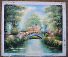 Fairy Garden Bridge Pond Flower View 24" Hand Painted Oil Painting Gift 187F