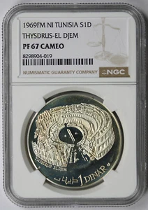 1969 FM NI Tunisia 925 Fine Silver 1 Dinar PF 67 Cameo NGC Thysdrus-El Djem - Picture 1 of 4