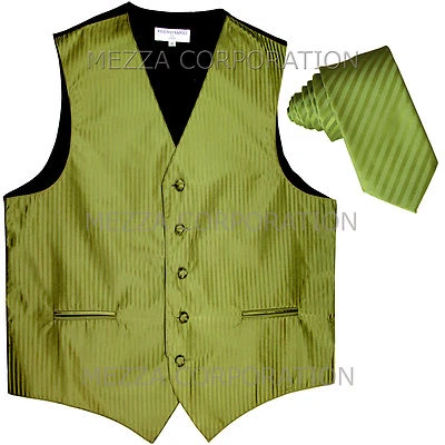 New Men's Tuxedo Vest Vertical Stripes 2.5" Skinny Necktie party Spinach Green - Image 1 of 3