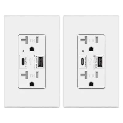 Toma de corriente USB C 4,8 A alta velocidad, 24 W 20 amperios, blanca, 125 V resistente a manipulaciones, paquete de 2 Foto 1 de 4