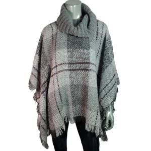 Roots Canada Poncho One Size Wool Blend Fringe Cowl Neck Cape Plaid Gray Sweater - Bild 1 von 9