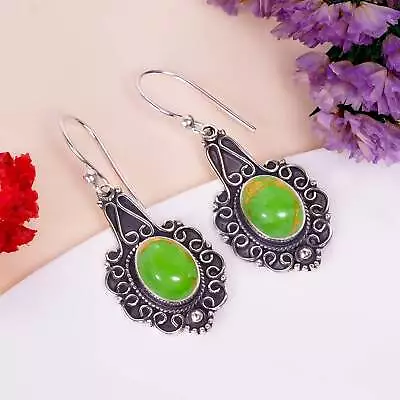 Copper Green Turquoise Gemstone 925 Sterling Silver Jewelry Earring, For Her/Him - Image 1 of 4