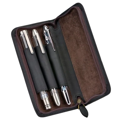 3 Slots Vintage Handmade Crazy Horse Leather Fountain Rollerball Pen Case, Black - Image 1 of 4