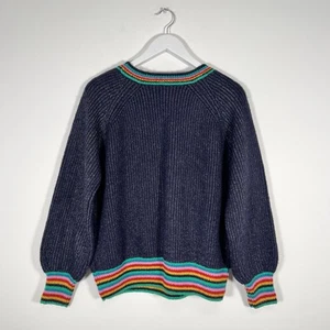Joules Womens Anna Size 14 Balloon Sleeve Raglan Jumper Navy Rainbow Stripe Knit - Picture 1 of 11