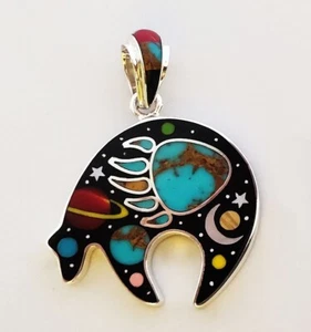 BEAUTIFUL CELESTIAL TURQUOISE MOON STARS INLAY .925 SILVER BEAR PAW PENDANT - Picture 1 of 2