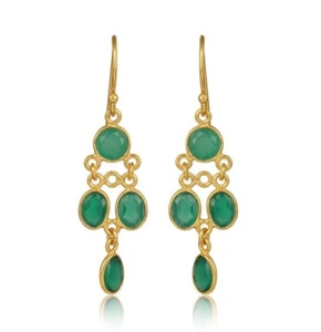 Gold Chain Link Gemstone Dangler Earrings With Multi Green Onyx Mom Gift Jewelry - Picture 1 of 5