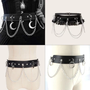 Cintura donna gotica stella di luna ciondolo catena punk pelle PU cintura cintura vita - Foto 1 di 36