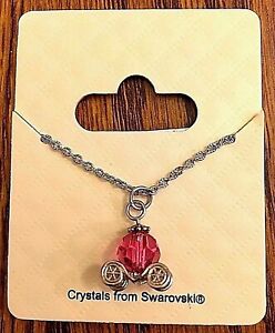Disney Cinderella Carriage Swarovski Pink Crystal 18" Necklace New on Card