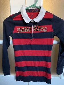 NAUTICA Girls Polo Shirt Long Sleeve Top Slim Fit Blue Red Stripe M 10/12, S 8? - Picture 1 of 12