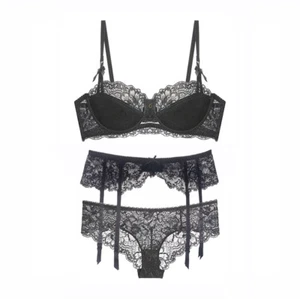 Women 1/2 Cup Push Up Bra Panty Garter Belt 3PC Underwear Lace Sexy Lingerie Set - Picture 1 of 11
