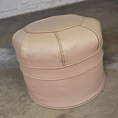 Vintage MCM Beige Faux Leather Vinyl Octagonal Hassock Ottoman or Footstool - Image 1 of 4