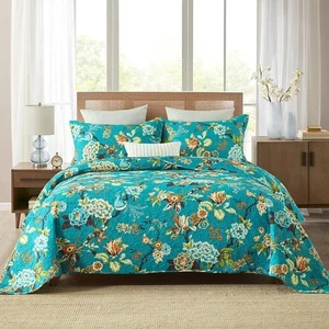 Cotton Reversible Bedspread Set Queen Peacock Floral Quilt Pillow Covers Cozy US - Picture 1 of 28