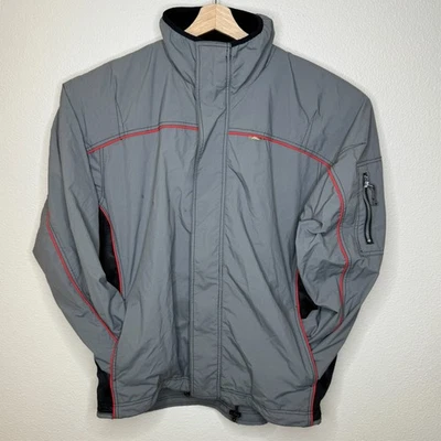 Chaqueta de nailon No Fear gris negro rojo con ribete cremallera completa para hombre mediana finales de 1990 Y2K Foto 1 de 4